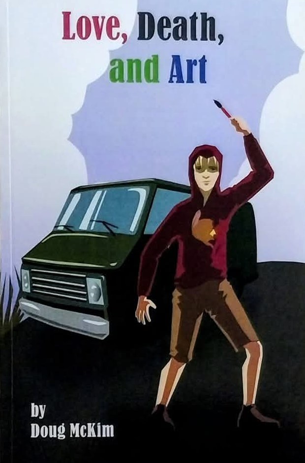 Cover of Love, Death, and Art: a hooded young artist with a paintbrush beside a black van