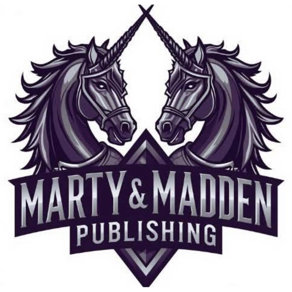 Marty & Madden Publishing crest: two armored unicorns with crossed horns above the name